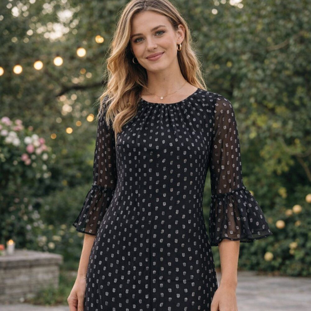 Black Chiffon Polka Dot Cocktail Dress Womens Knee Length Silver Dot Ruffle Slee